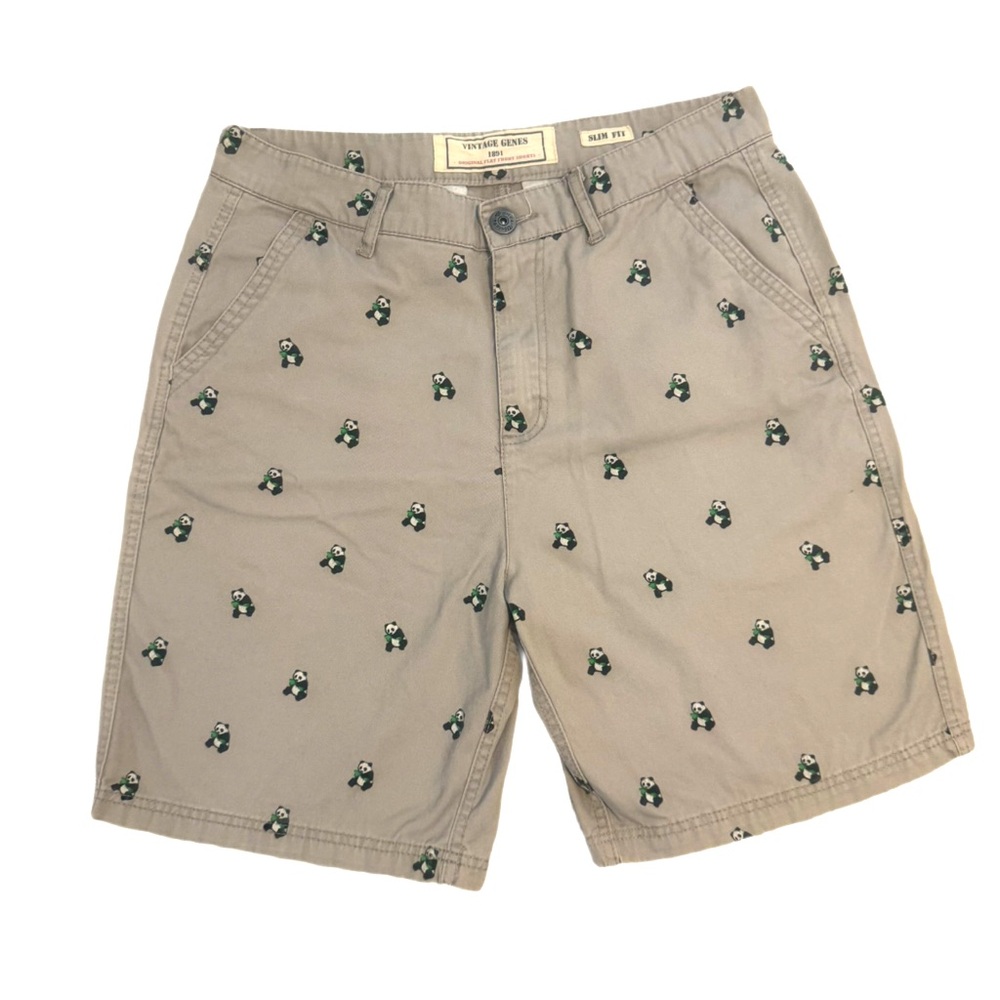 Vintage Genes Slim Fit Panda Embroidered Khaki Shorts Flat Front Men’s Size: 34